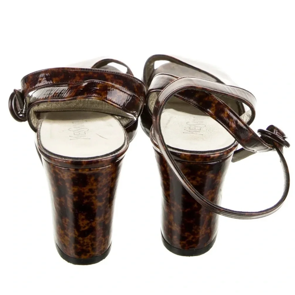 Yves Saint Laurent Vintage Y2K 90s Brown Patent Leather Animal Print Sandals 8.5